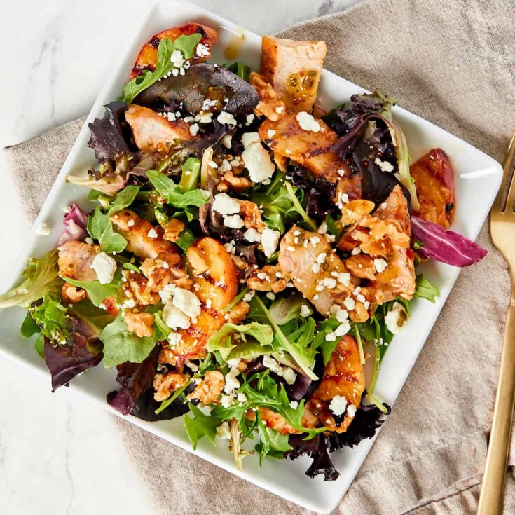 Overhead shot of grilled pork & peach salad