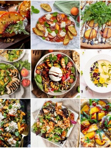9-panel collage of various savory peach dishes, including salads, soup, pizza, and appetizers.