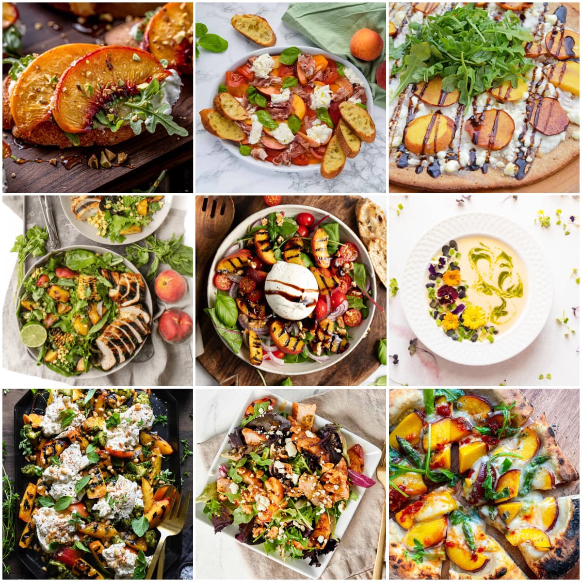 9-panel collage of various savory peach dishes, including salads, soup, pizza, and appetizers. 