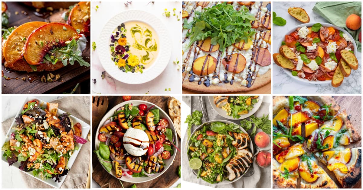 8-panel collage of various savory peach dishes, including salads, soup, pizza, and appetizers. 