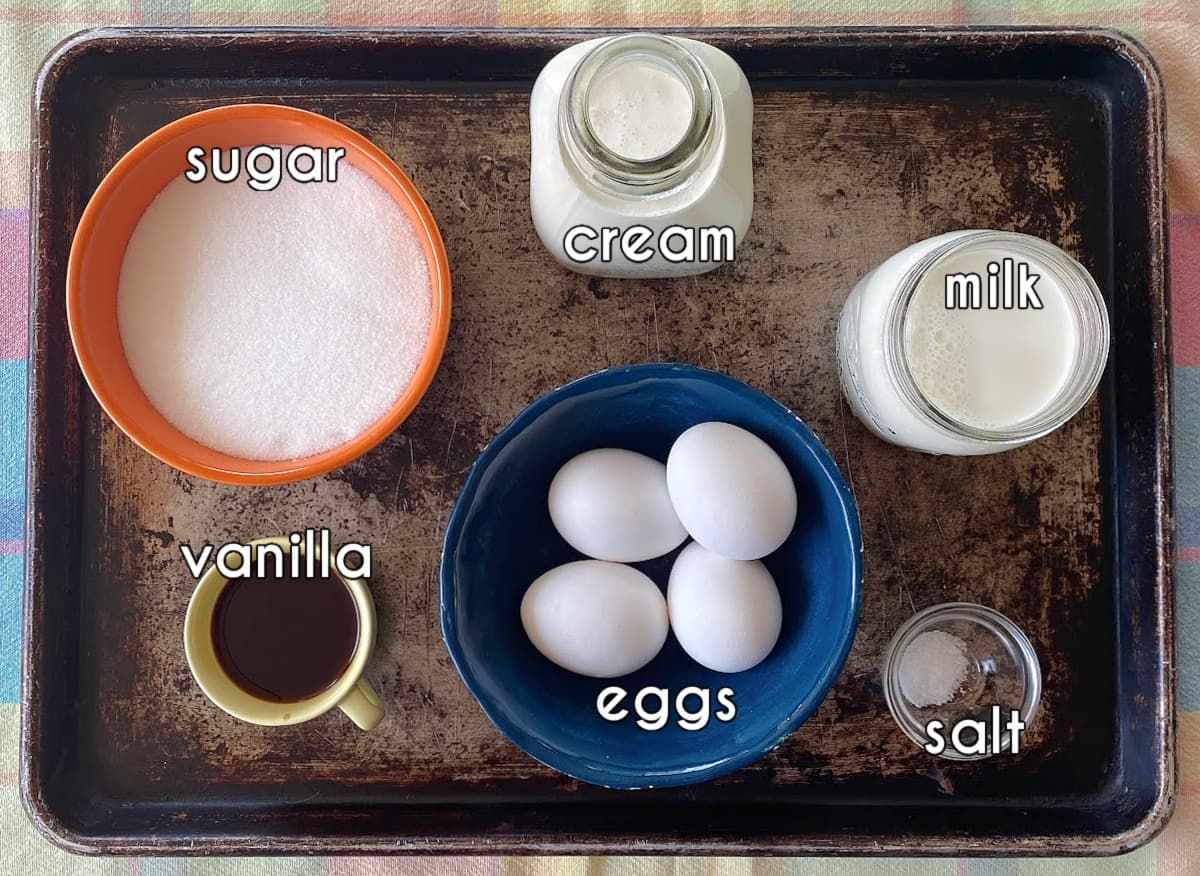 Photo of individual ingredients that go into this homemade vanilla ice cream recipe, measured and prepped.
