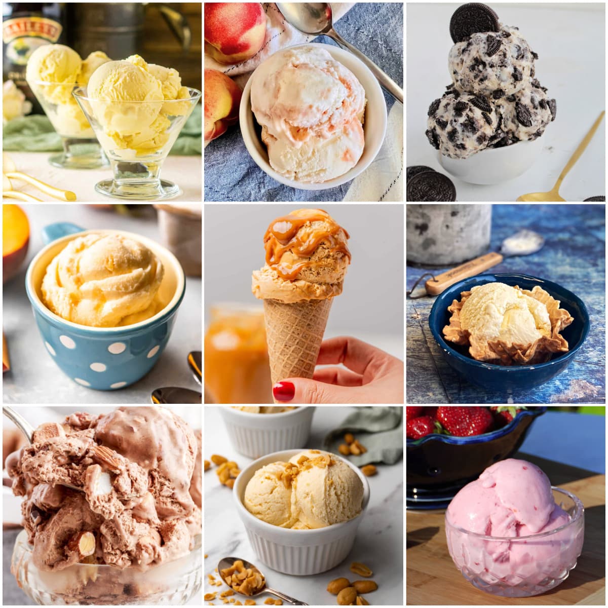 9-panel collage of various ice creams, scooped for serving. 