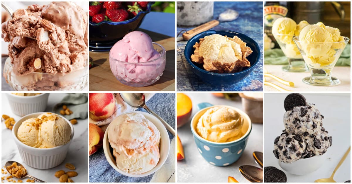8-panel collage of various ice creams, scooped for serving.