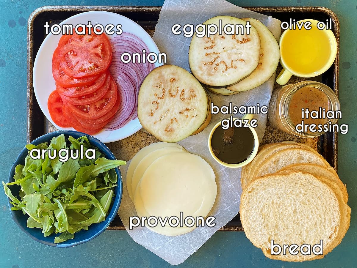Photo of individual ingredients that go into this grilled eggplant panini recipe, measured and prepped.