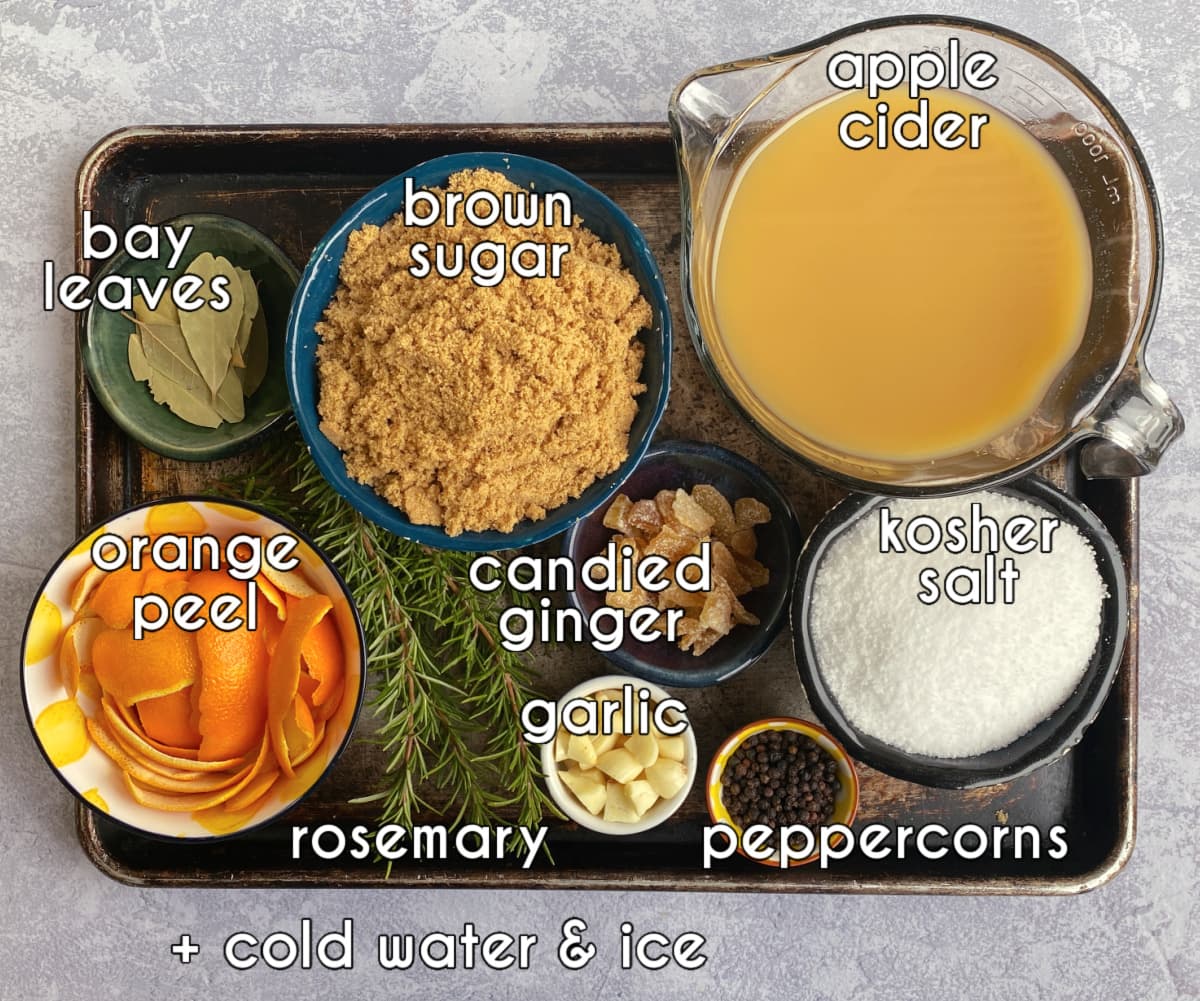 Photo of individual ingredients that go into this Citrus Turkey Brine recipe, measured and prepped.