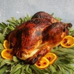 Oven roasted turkey on a platter, encircled with sage and garnished with orange slices and pomegranate arils.