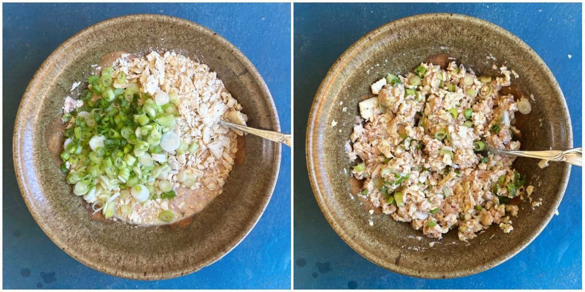 2-panel collage showing salmon patty  ingredients mixed in a medium bowl. 