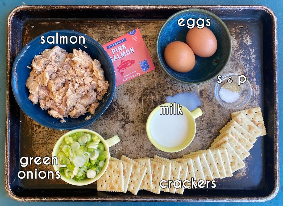 Photo of individual ingredients that go into this Salmon Patty recipe, measured and prepped.