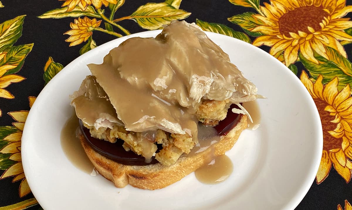 Deluxe Open-faced Hot Turkey Sandwich with Cranberry Sauce, Stuffing & Gravy