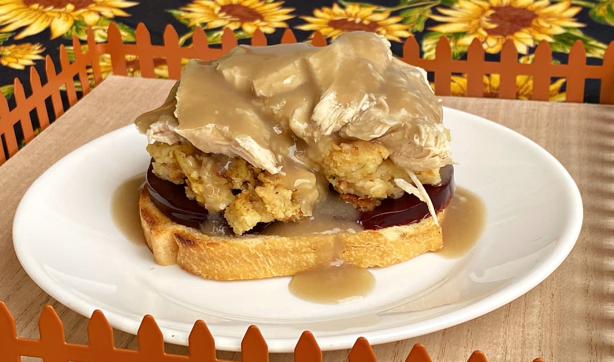 Deluxe Open-faced Hot Turkey Sandwich with Cranberry Sauce, Stuffing & Gravy