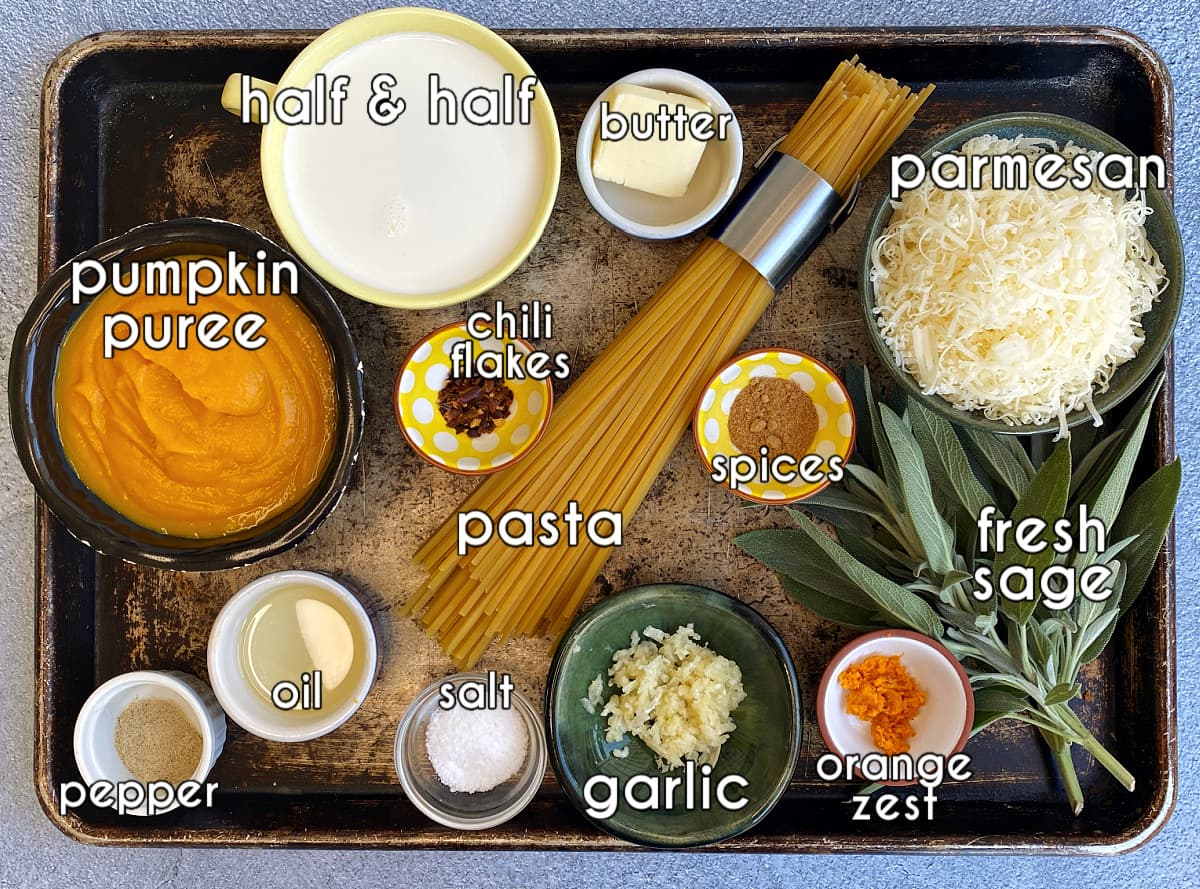 Ingredients for this easy Pumpkin Pasta recipe, prepped and measured.