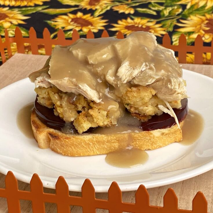 Image of a deluxe open faced turkey sandwich.