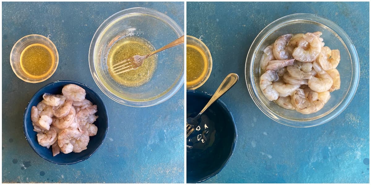 2-panel collage illustrating marinating shrimps in glaze.