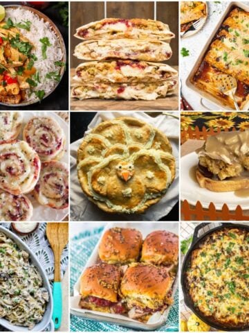 9-panel collage depicting difernt recipes from this leftover turkey round-up.