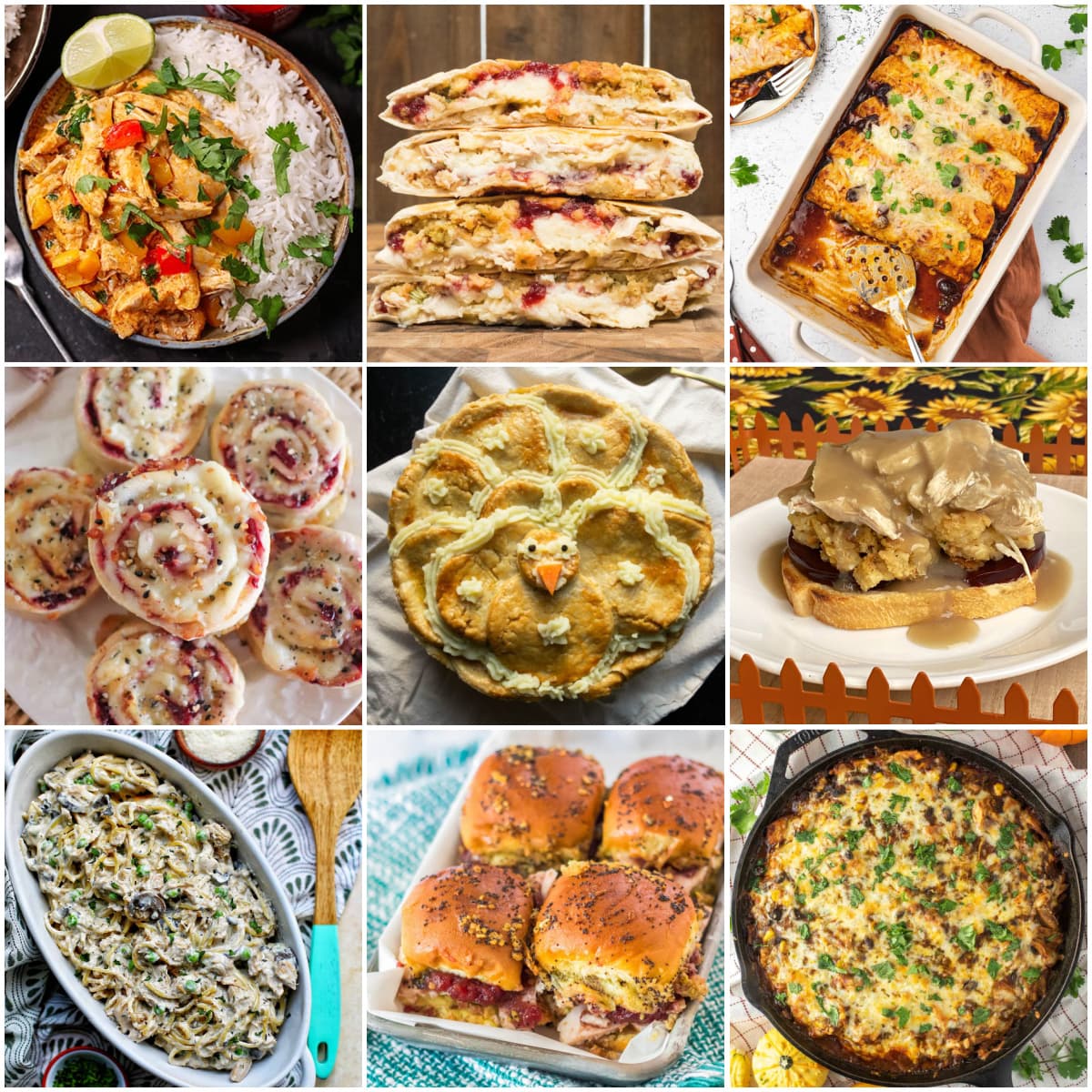 9-panel collage depicting difernt recipes from this leftover turkey round-up.
