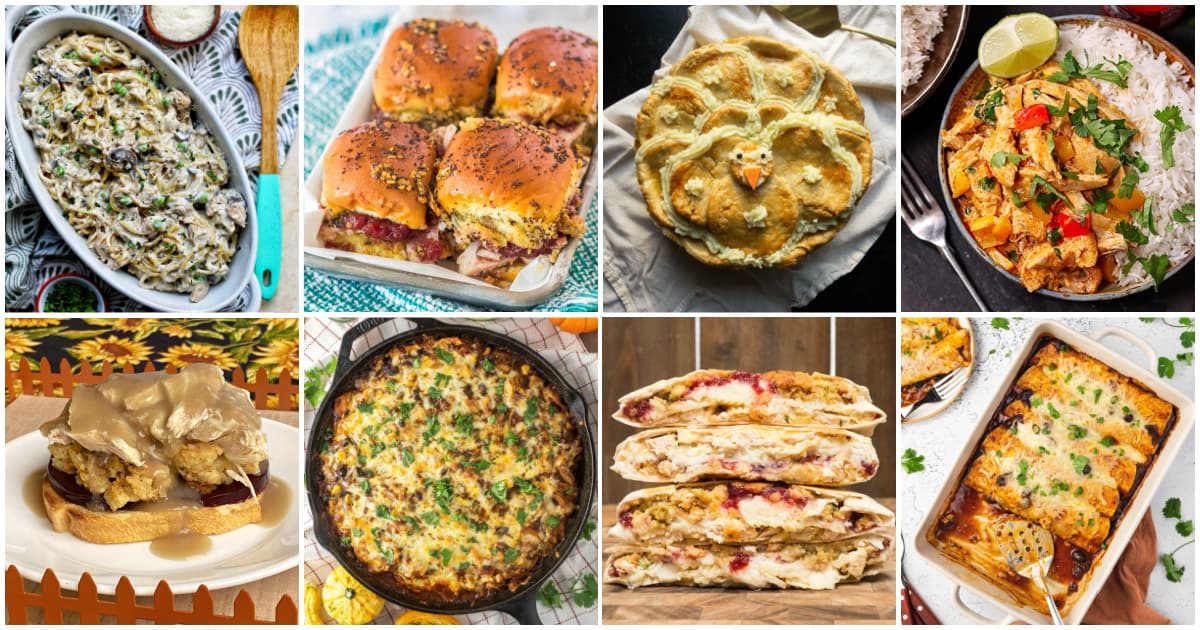 8-panel collage depicting difernt recipes from this leftover turkey round-up.