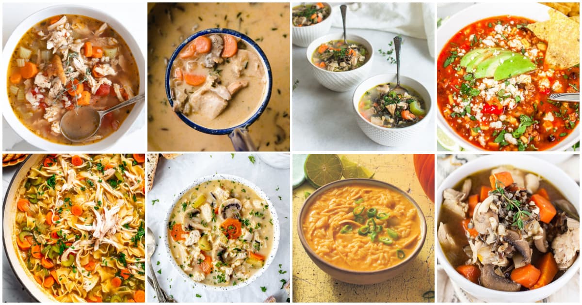 8-panel collage depicting different recipes from this leftover turkey soup recipes round-up.