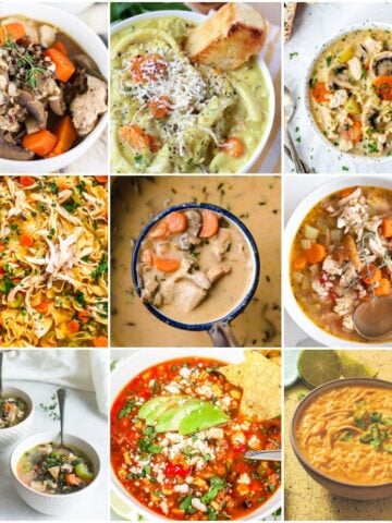 9-panel collage depicting different recipes from this leftover turkey soup recipes round-up.