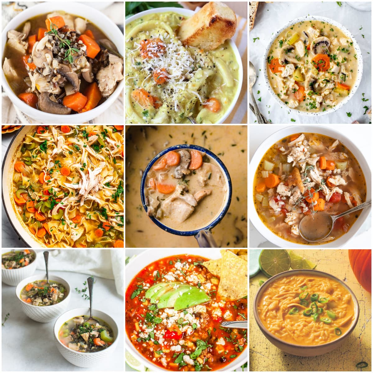 9-panel collage depicting different recipes from this leftover turkey soup recipes round-up.