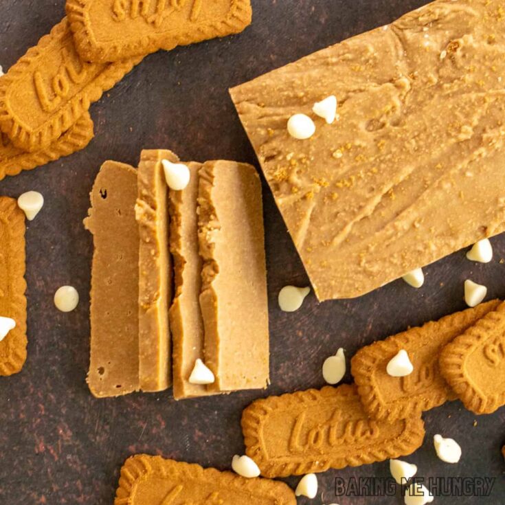 Biscoff Fudge, thinly sliced, sprinkled with white chocolate chips.