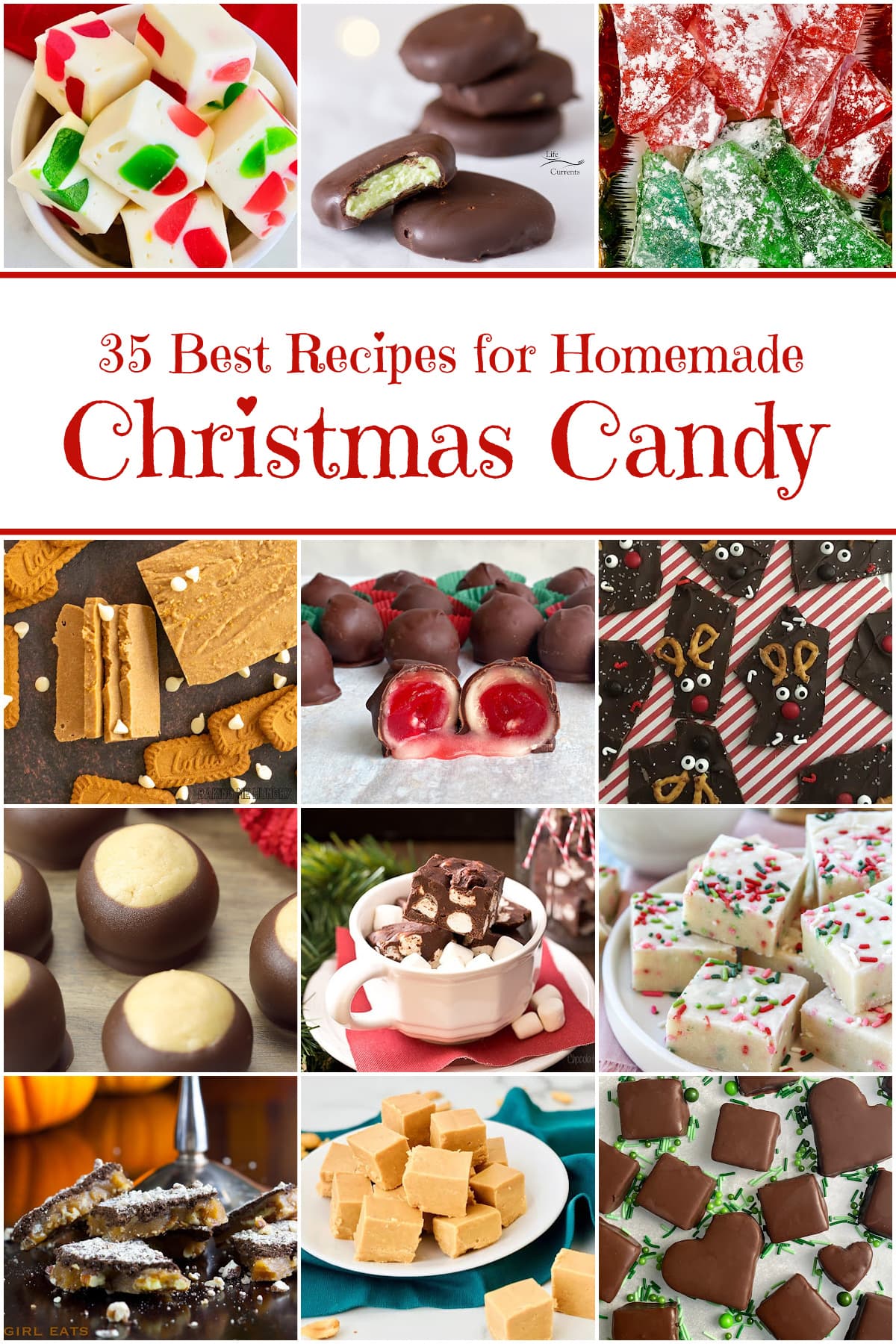 12-panel collage of different Christmas candy recipes in this collection. Pin text reads: 35 Best Recipes for Homemade Christmas Candy