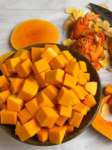 Overhead shot of bowl of cubed butternut squash.