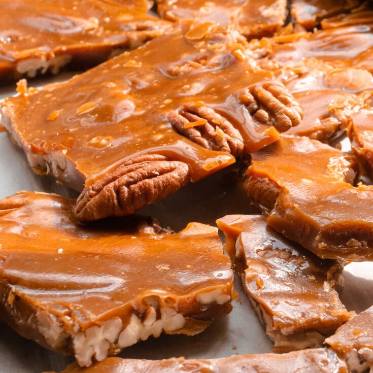 Southern Pecan Toffee, cut.