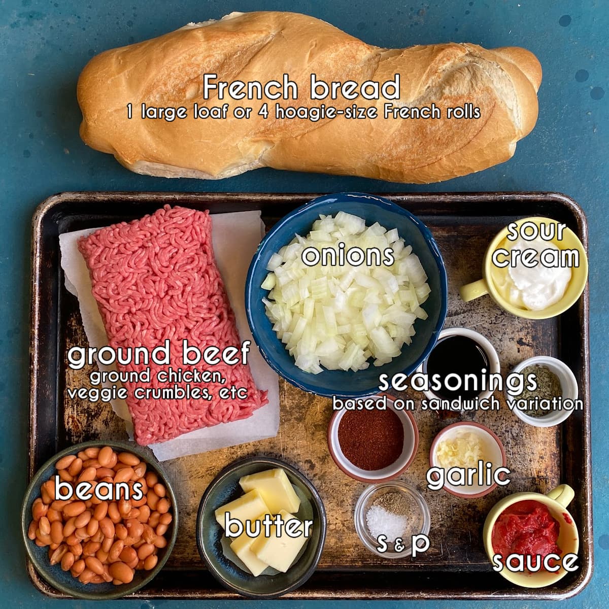 Photo of individual ingredients that go into this Stuffed French Bread Sandwiches recipe, measured and prepped.
