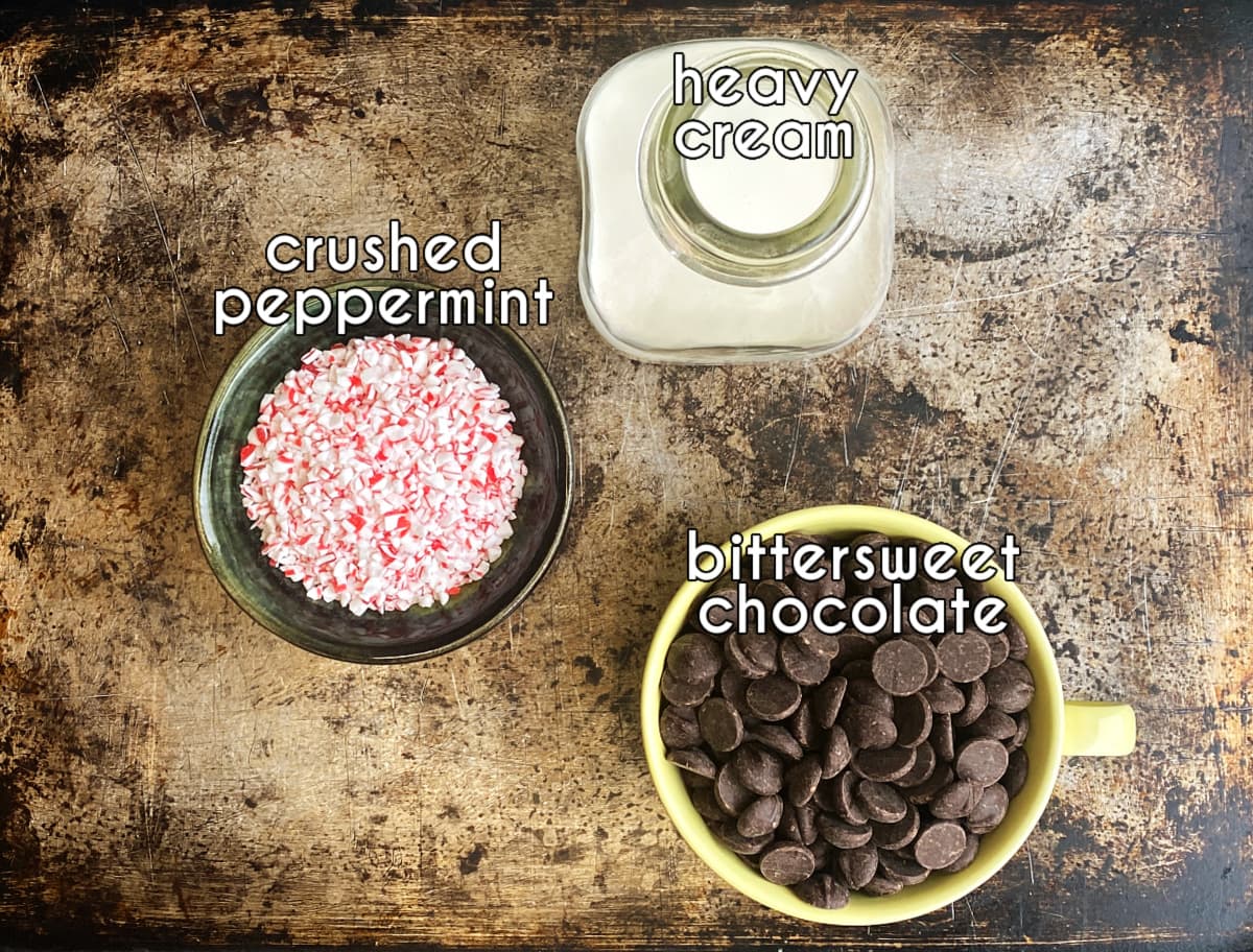 Photo of individual ingredients for chocolate ganache, plus peppermint sprinkles.
