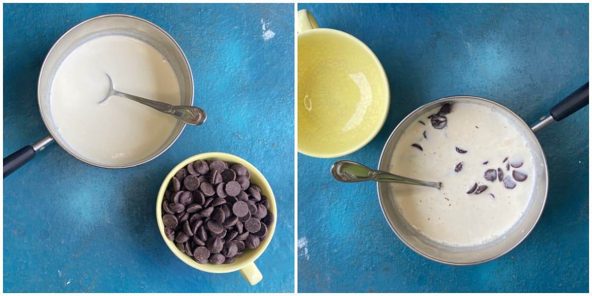 2-panel collage showing bittersweet chocolate being added to cream.