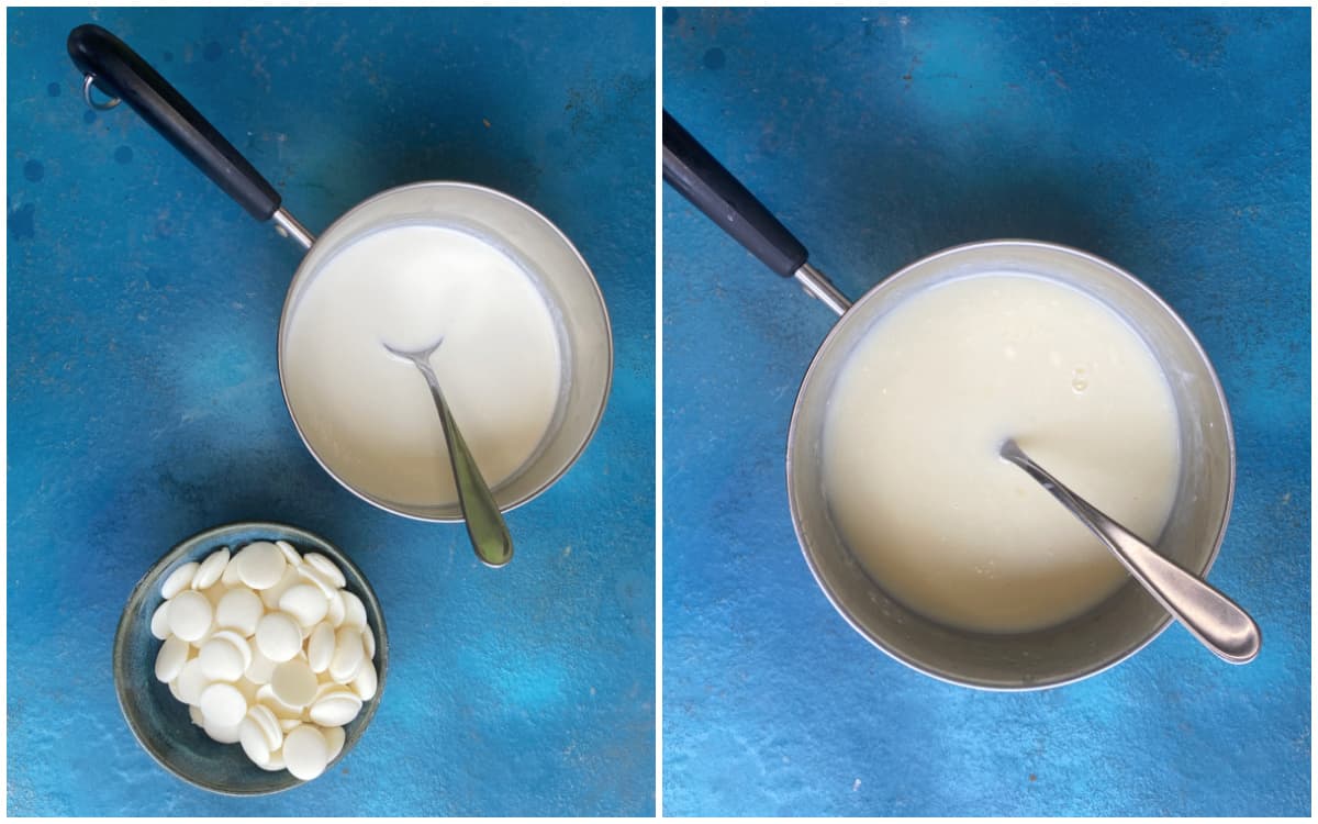 2-panel collage showing white chocolate and cream before and after mixing.