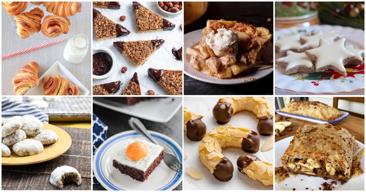 8-panel collage showing images of food and recipes from German Dessert Recipes roundup.