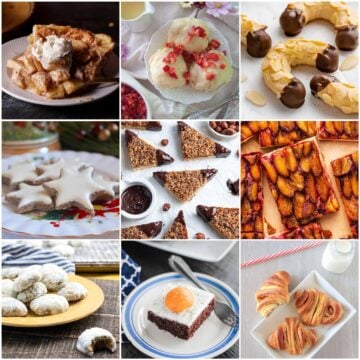9-panel collage showing images of food and recipes from German Dessert Recipes roundup.