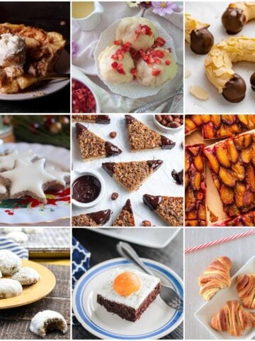 9-panel collage showing images of food and recipes from German Dessert Recipes roundup.