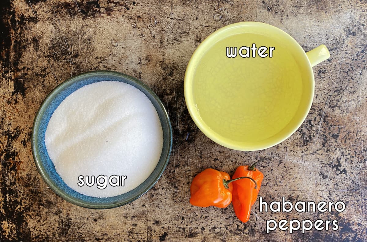 Photo of individual ingredients that go into this Habanero Simple Syrup recipe, measured and prepped.