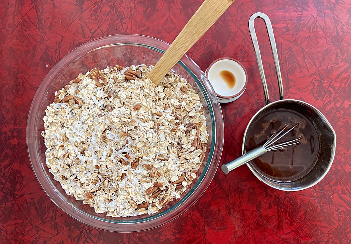 Dry ingredients in one bowl, and wet ingredients mixed in a small saucepan.