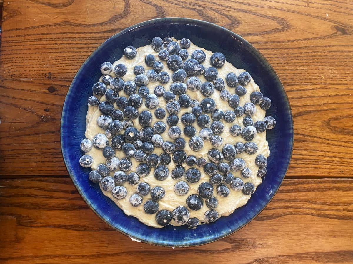 Blueberries sprinkled over the top of the cake, before the addition of streusel topping.
