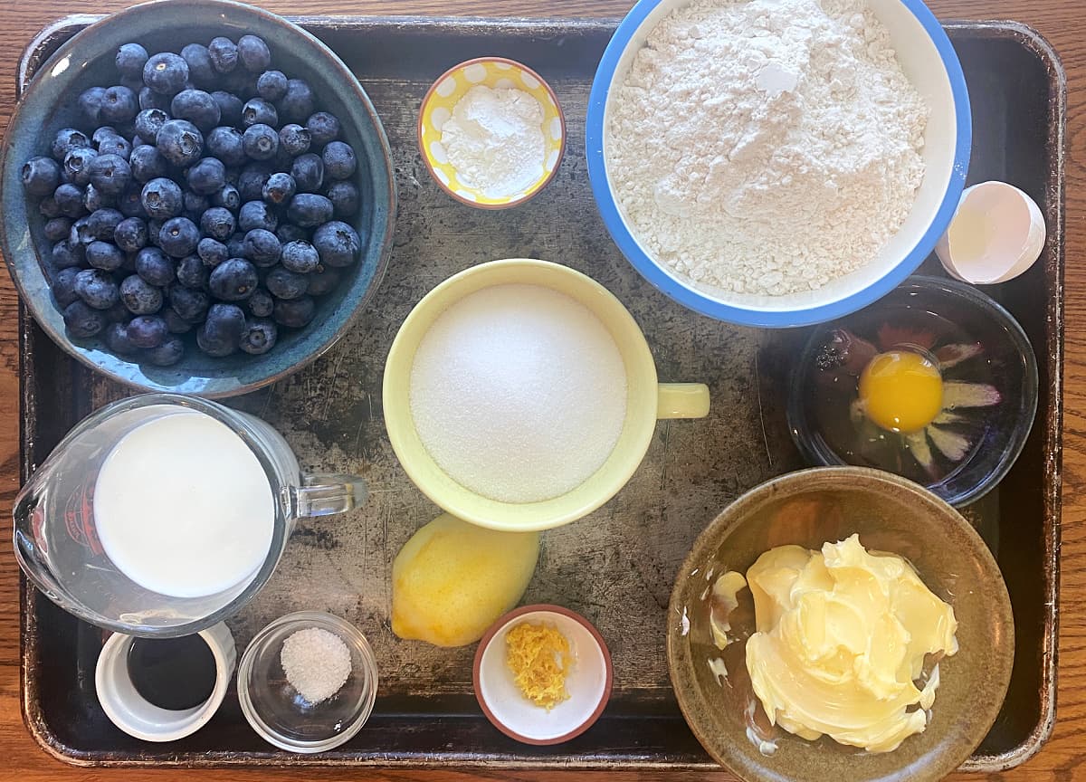 Ingredients prepped and measured for this blueberry buckle recipe.
