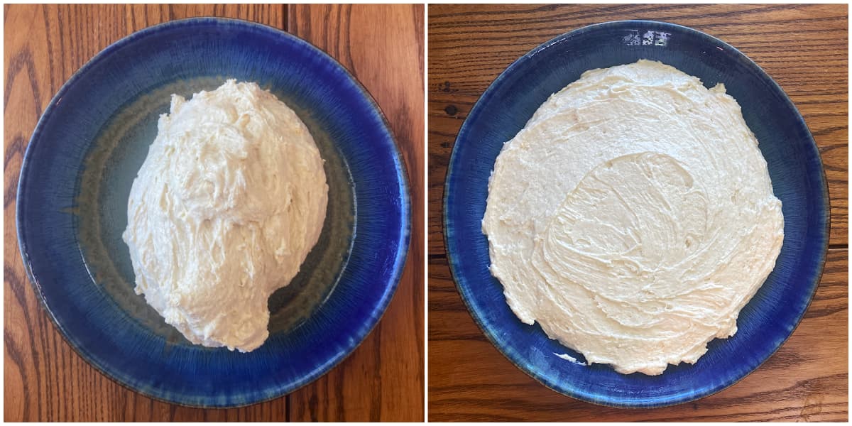 Two-panel collage showing how to spread batter into pie plate.