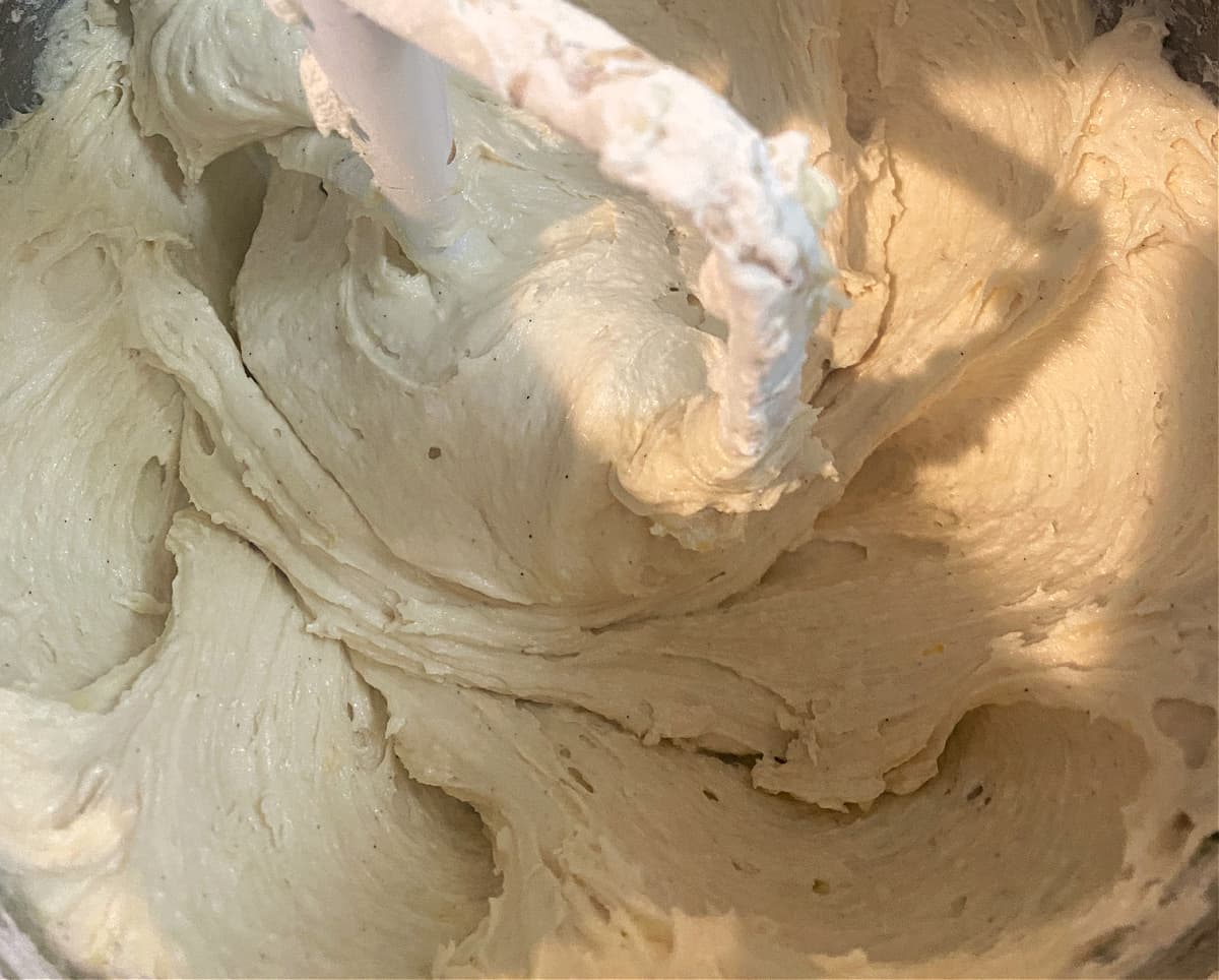 Overhead shot of buckle batter in mixing bowl, to illustrate consistency.