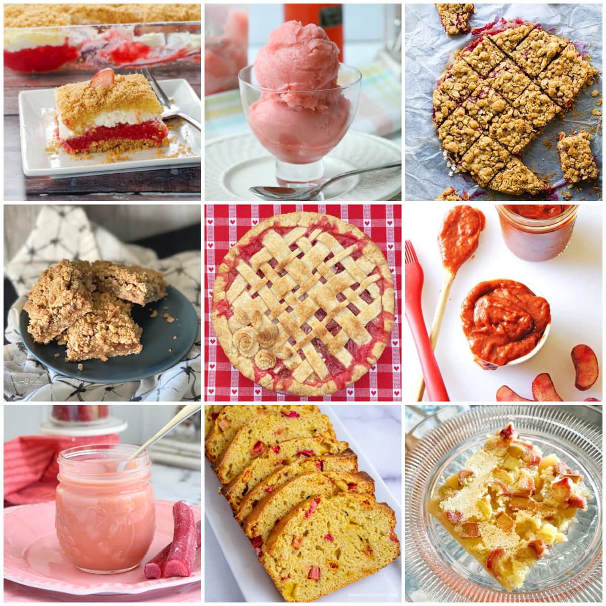 Nine-panel collage showing images from rhubarb recipe roundup.