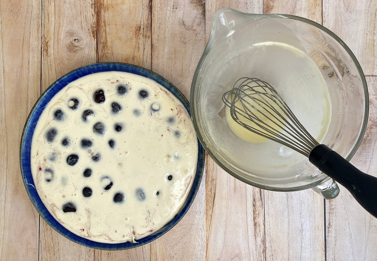 Batter poured; clafoutis ready to go into the oven.