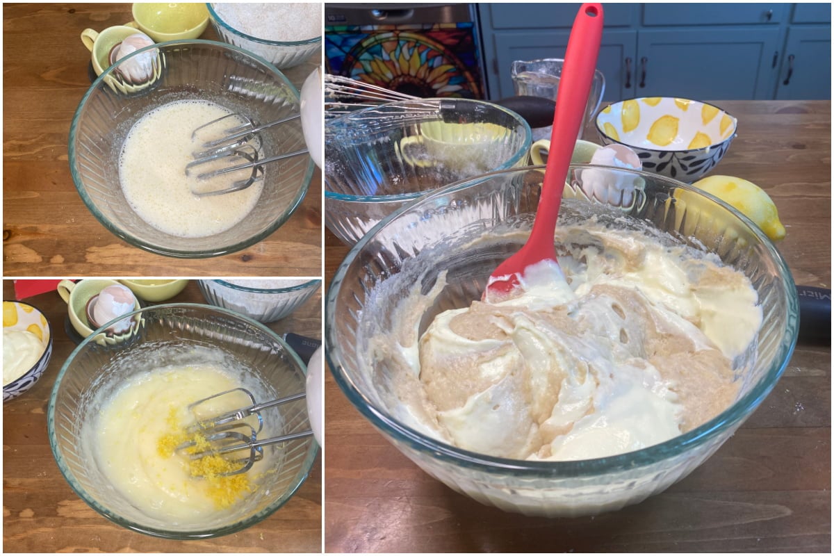 Step-by-step collage showing how to mix gluten-free lemon blueberry muffin batter.