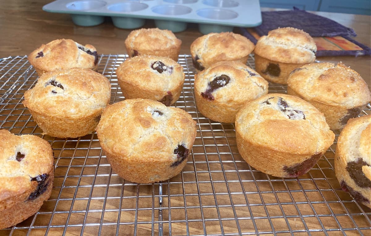 Freshly baked gluten-free lemon blueberry muffins cooling on a wire rack.