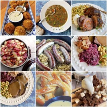 Nine German recipes for Oktoberfest, including pretzels, bratwurst, spaetzle, sauerkraut, and German potato salad in a colorful collage.