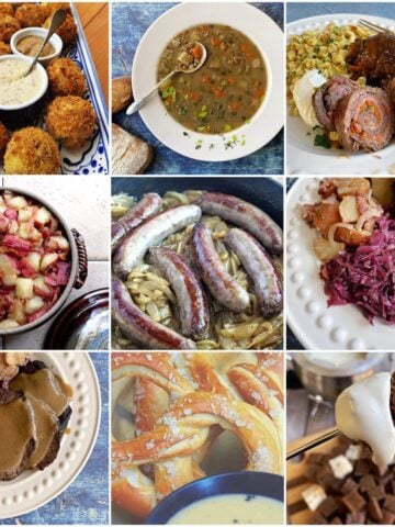 Nine German recipes for Oktoberfest, including pretzels, bratwurst, spaetzle, sauerkraut, and German potato salad in a colorful collage.