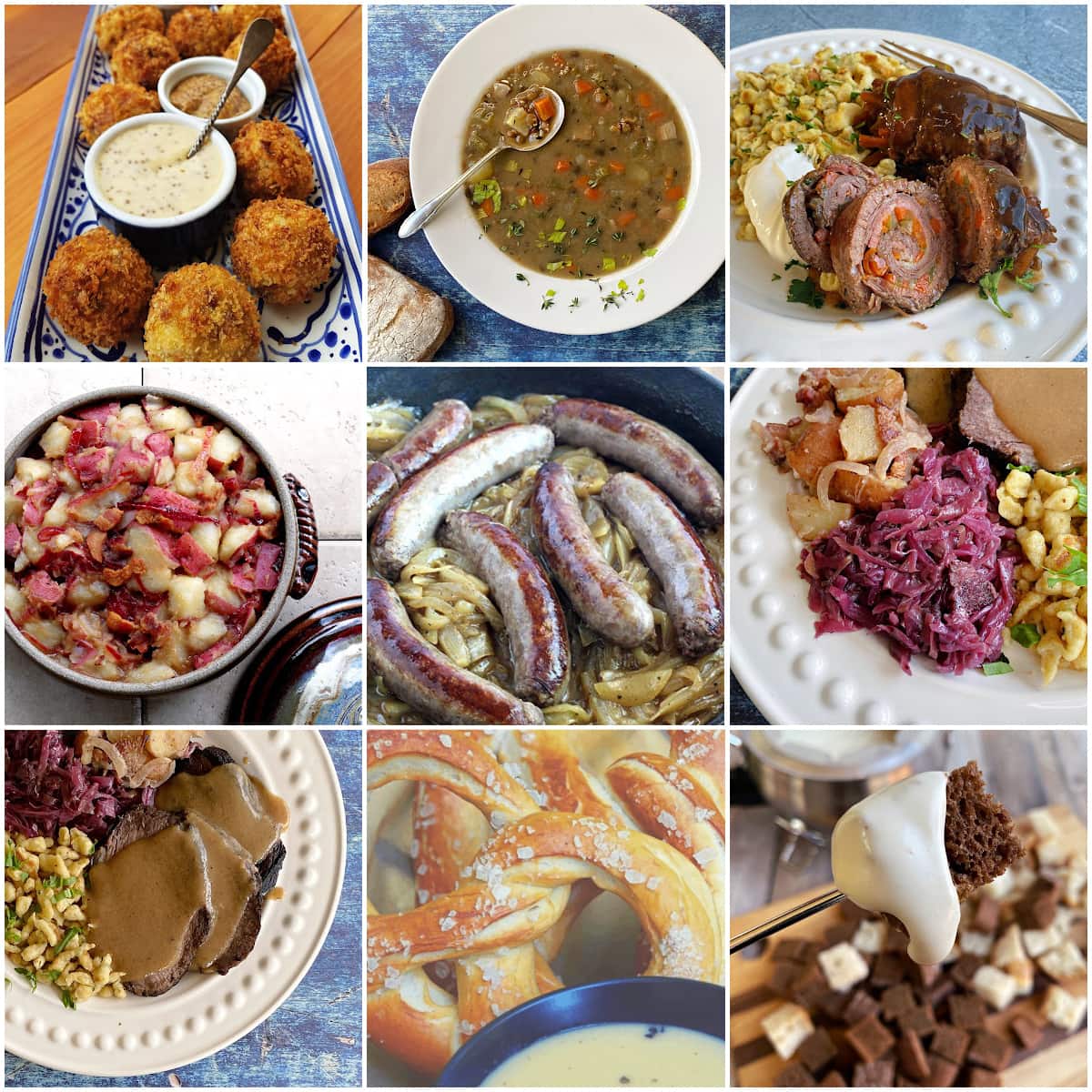 Nine German recipes for Oktoberfest, including pretzels, bratwurst, spaetzle, sauerkraut, and German potato salad in a colorful collage.