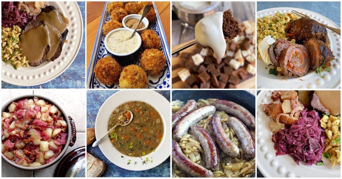 Eight classic German Oktoberfest recipes, featuring savory mains, sides, and appetizers like sausages, red cabbage, and lentil soup in a collage.