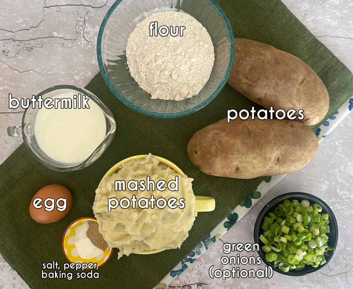 Ingredients for Irish boxty including grated potatoes, mashed potatoes, flour, and buttermilk