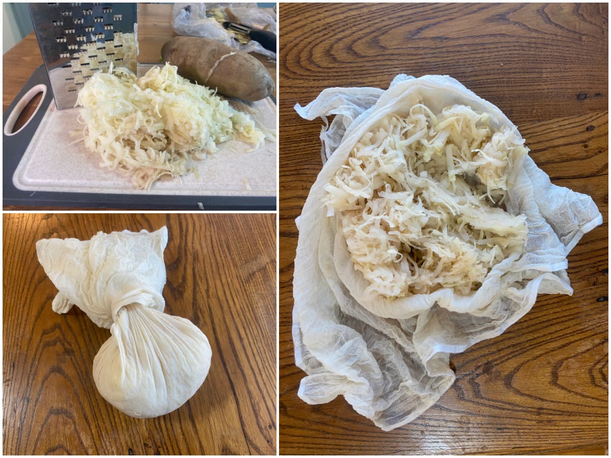 Fresh potatoes grated and squeezed dry in cheesecloth, for traditional Irish boxty.